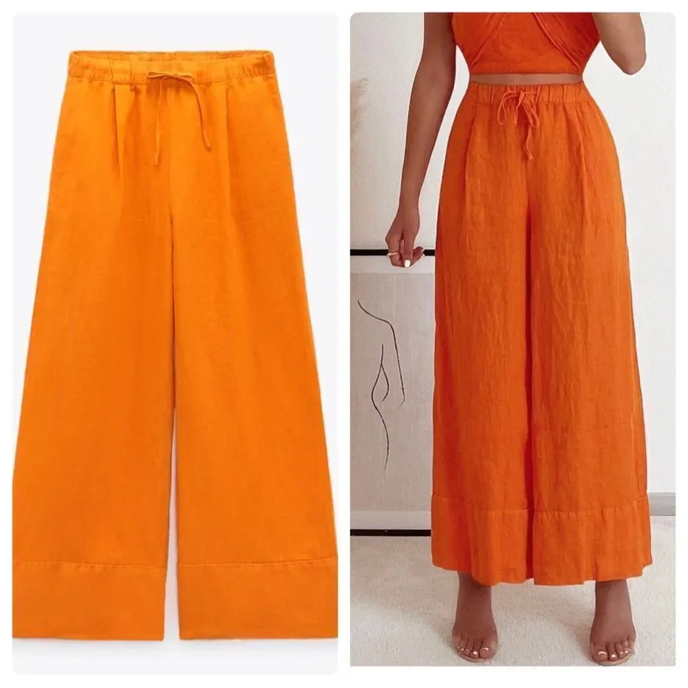 Zara Orange 100% Linen Palazzo Pants New